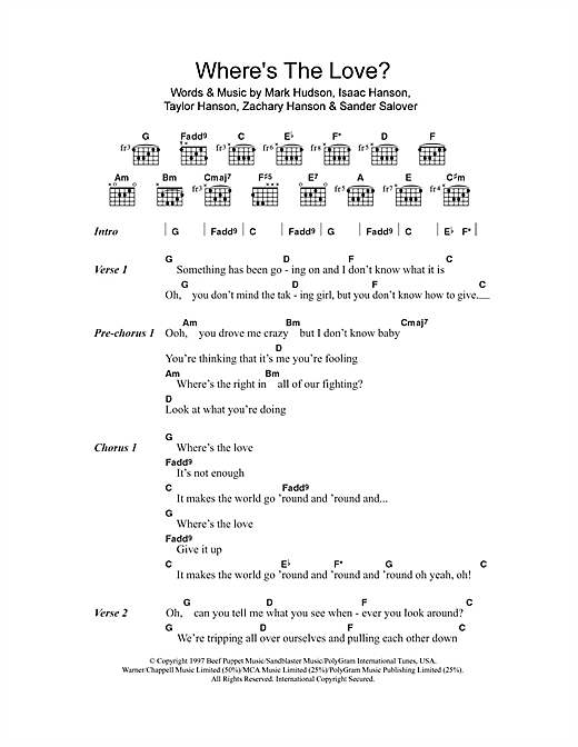 Learn to play Hanson Where's The Love sheet music for Lyrics & Chords in minutes. Hanson Where's The Love sheet music notes and chords