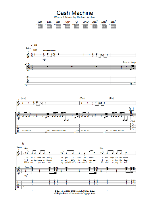 Hard-Fi Cash Machine sheet music preview music notes and score for Guitar Tab including 5 page(s)