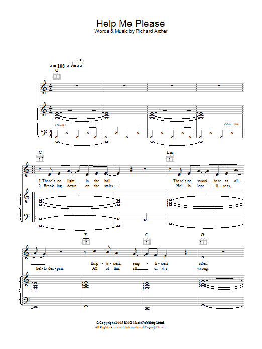 Hard-Fi Help Me Please sheet music preview music notes and score for Piano, Vocal & Guitar including 4 page(s)