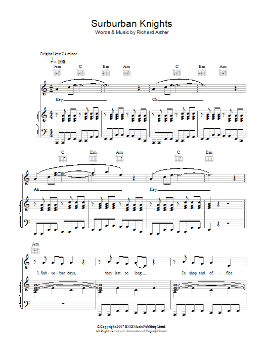 Learn to play Hard-Fi Suburban Knights sheet music for Piano, Vocal & Guitar in minutes. Hard-Fi Suburban Knights sheet music preview music notes and score for Piano, Vocal & Guitar including 7 page(s)