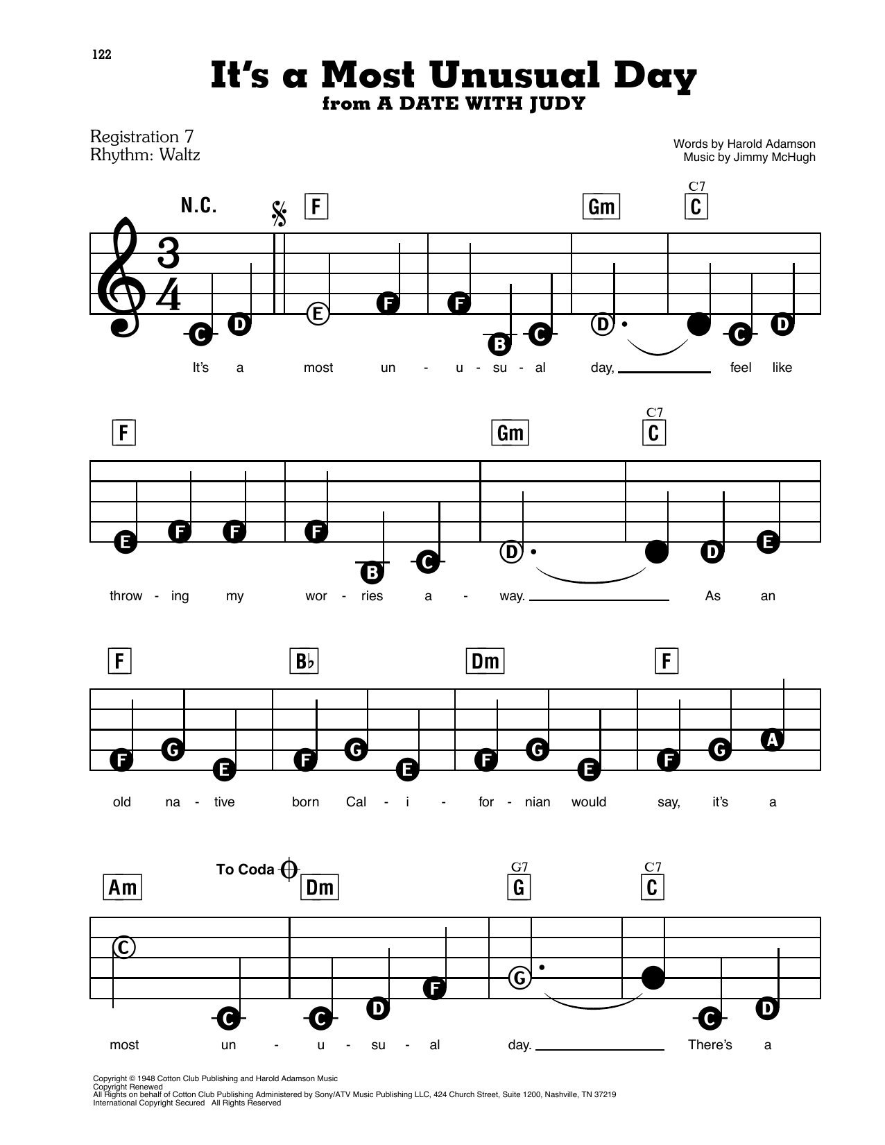 Learn to play Harold Adamson and Jimmy McHugh It's A Most Unusual Day (from A Date With Judy) sheet music for E-Z Play Today in minutes. Harold Adamson and Jimmy McHugh It's A Most Unusual Day (from A Date With Judy) sheet music preview music notes and score for E-Z Play Today including 3 page(s)