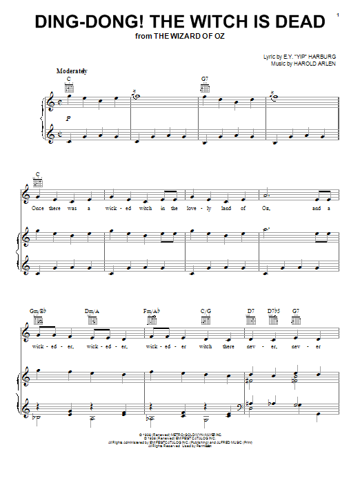 Learn to play E.Y. Harburg Ding-Dong! The Witch Is Dead sheet music for Piano, Vocal & Guitar (Right-Hand Melody) in minutes. E.Y. Harburg Ding-Dong! The Witch Is Dead sheet music preview music notes and score for Piano, Vocal & Guitar (Right-Hand Melody) including 5 page(s)