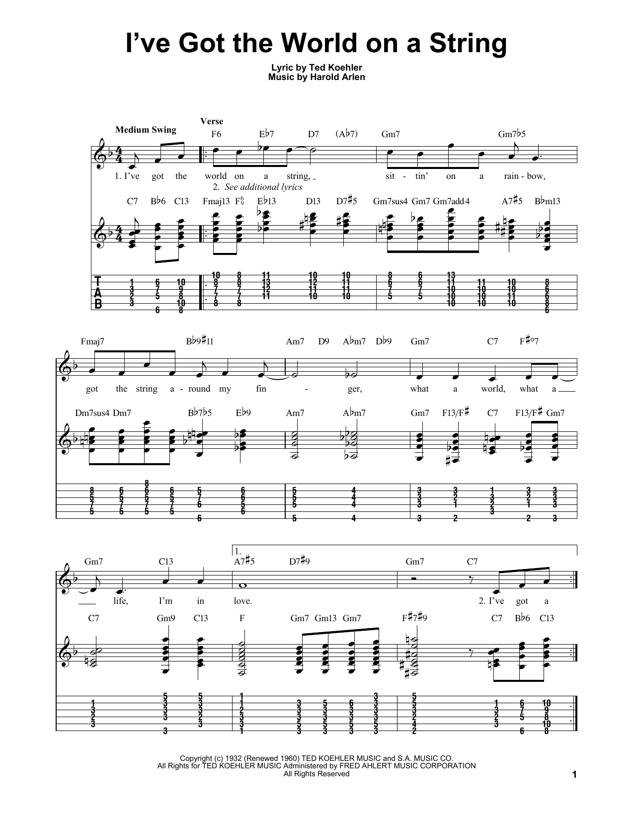 Harold Arlen I've Got The World On A String sheet music preview music notes and score for Guitar Tab including 2 page(s)