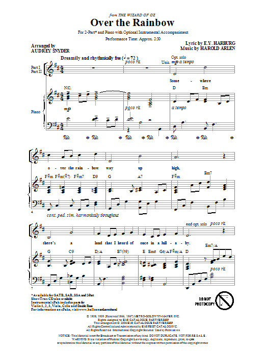 Learn to play Harold Arlen Over The Rainbow (arr. Audrey Snyder) sheet music for SAB in minutes. Harold Arlen Over The Rainbow (arr. Audrey Snyder) sheet music preview music notes and score for SAB including 5 page(s)