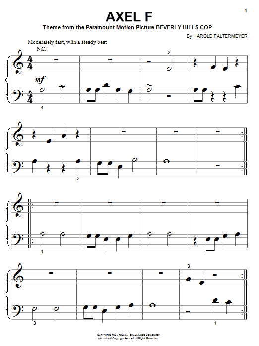 Harold Faltermeyer Axel F (from Beverley Hills Cop) (the Crazy Frog) sheet music preview music notes and score for Piano including 5 page(s)