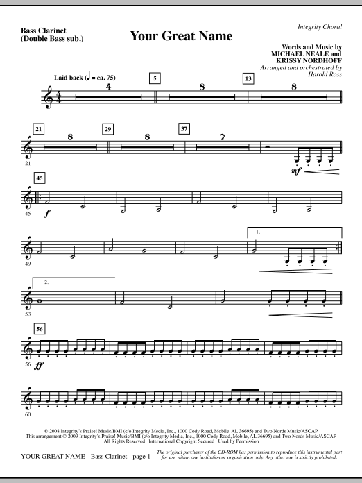 Learn to play Harold Ross Your Great Name - Bass Clarinet (sub. dbl bass) sheet music for Choir Instrumental Pak in minutes. Harold Ross Your Great Name - Bass Clarinet (sub. dbl bass) sheet music preview music notes and score for Choir Instrumental Pak including 2 page(s)