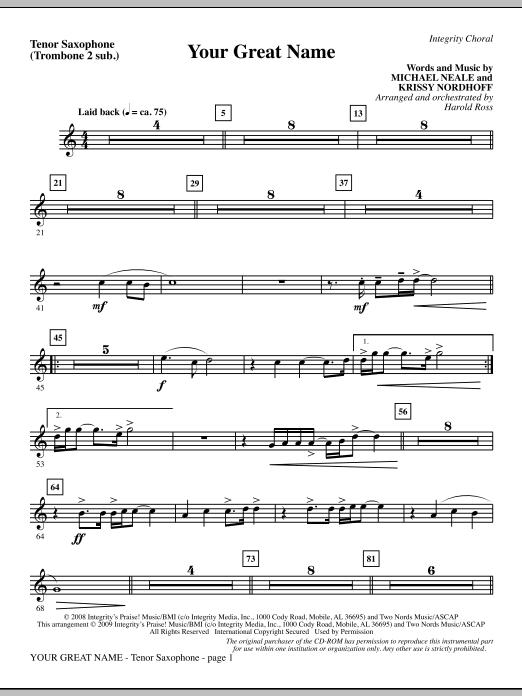 Learn to play Harold Ross Your Great Name - Tenor Sax (sub. Tbn 2) sheet music for Choir Instrumental Pak in minutes. Harold Ross Your Great Name - Tenor Sax (sub. Tbn 2) sheet music preview music notes and score for Choir Instrumental Pak including 2 page(s)
