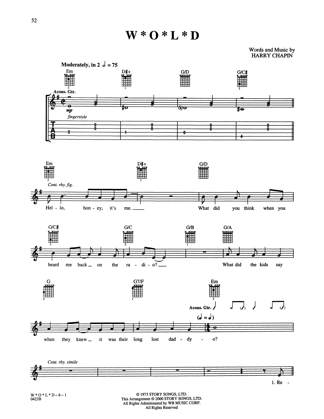 Harry Chapin W*o*l*d sheet music, chords, lyrics - Printable PDF for Guitar Tab