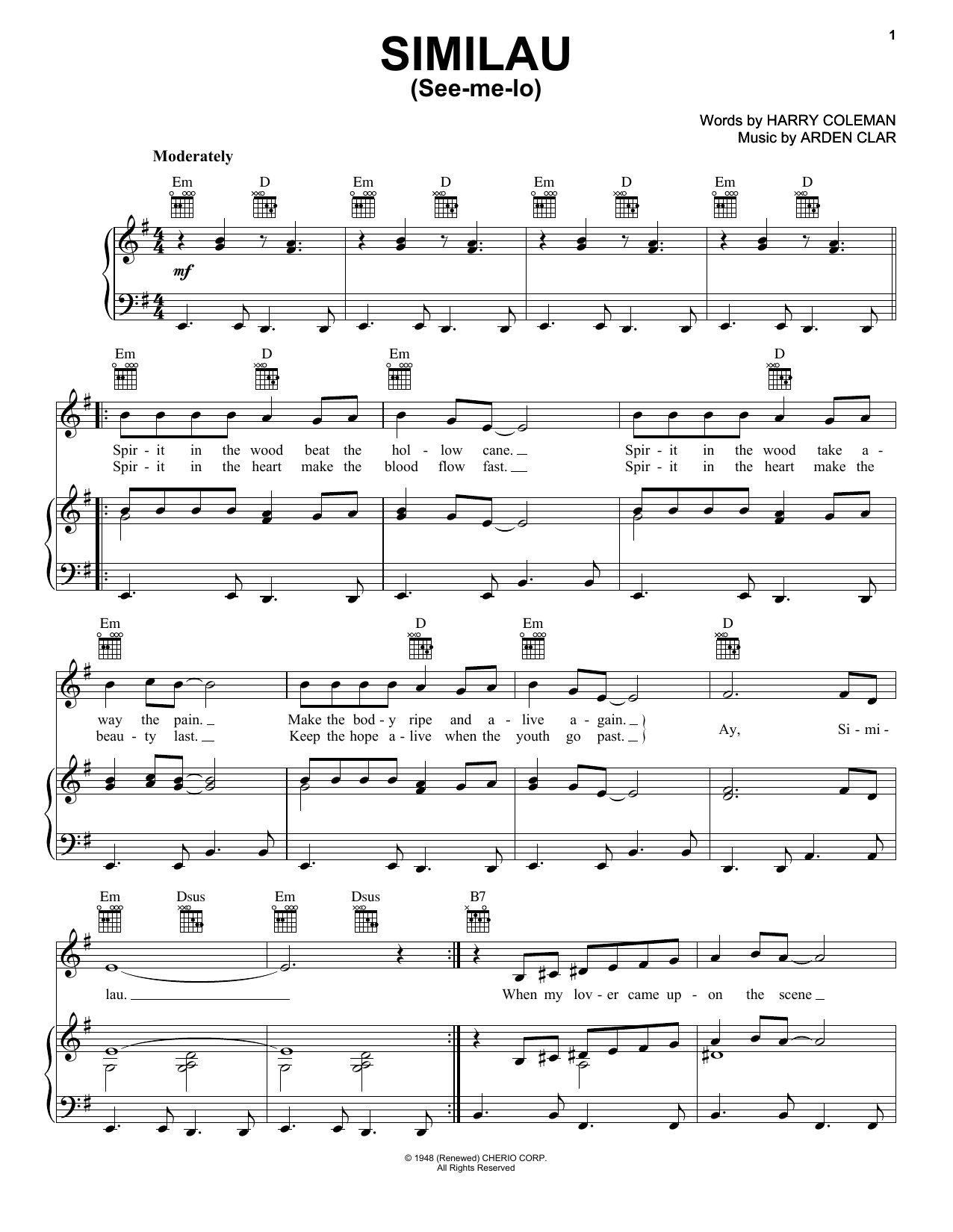 Learn to play Harry Coleman Similau (See-me-lo) sheet music for Real Book – Melody & Chords in minutes. Harry Coleman Similau (See-me-lo) sheet music preview music notes and score for Real Book – Melody & Chords including 1 page(s)