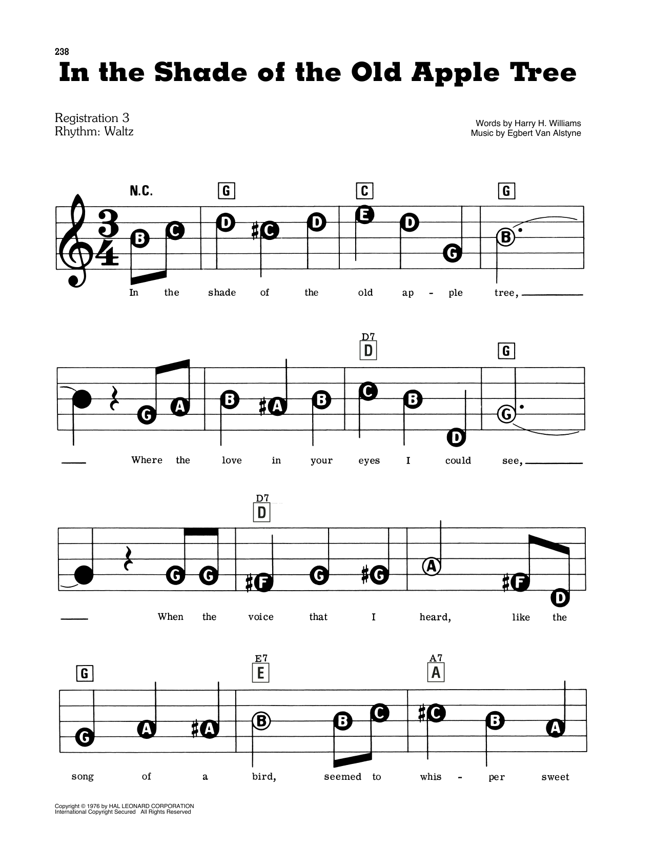 Harry H. Williams and Egbert Van Alstyne In The Shade Of The Old Apple Tree sheet music preview music notes and score for E-Z Play Today including 2 page(s)