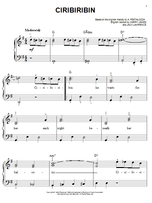 Learn to play Harry James Ciribiribin sheet music for Piano, Vocal & Guitar (Right-Hand Melody) in minutes. Harry James Ciribiribin sheet music preview music notes and score for Piano, Vocal & Guitar (Right-Hand Melody) including 2 page(s)