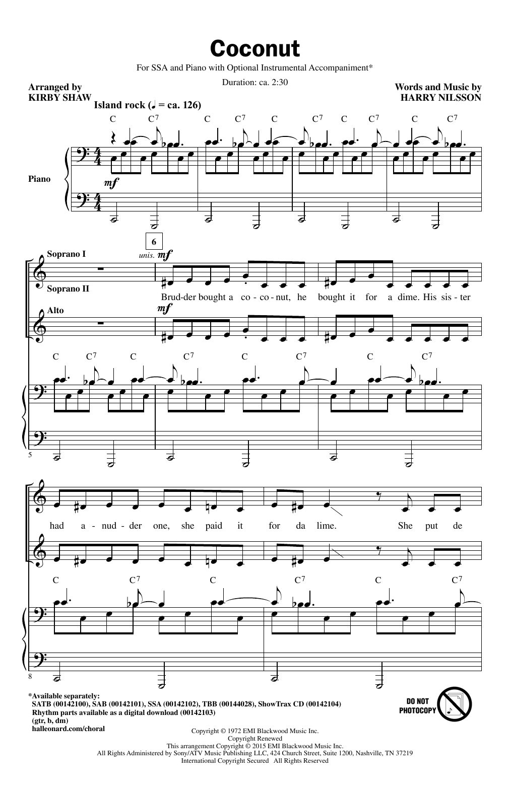 Learn to play Kirby Shaw Coconut sheet music for SSA in minutes. Kirby Shaw Coconut sheet music preview music notes and score for SSA including 11 page(s)