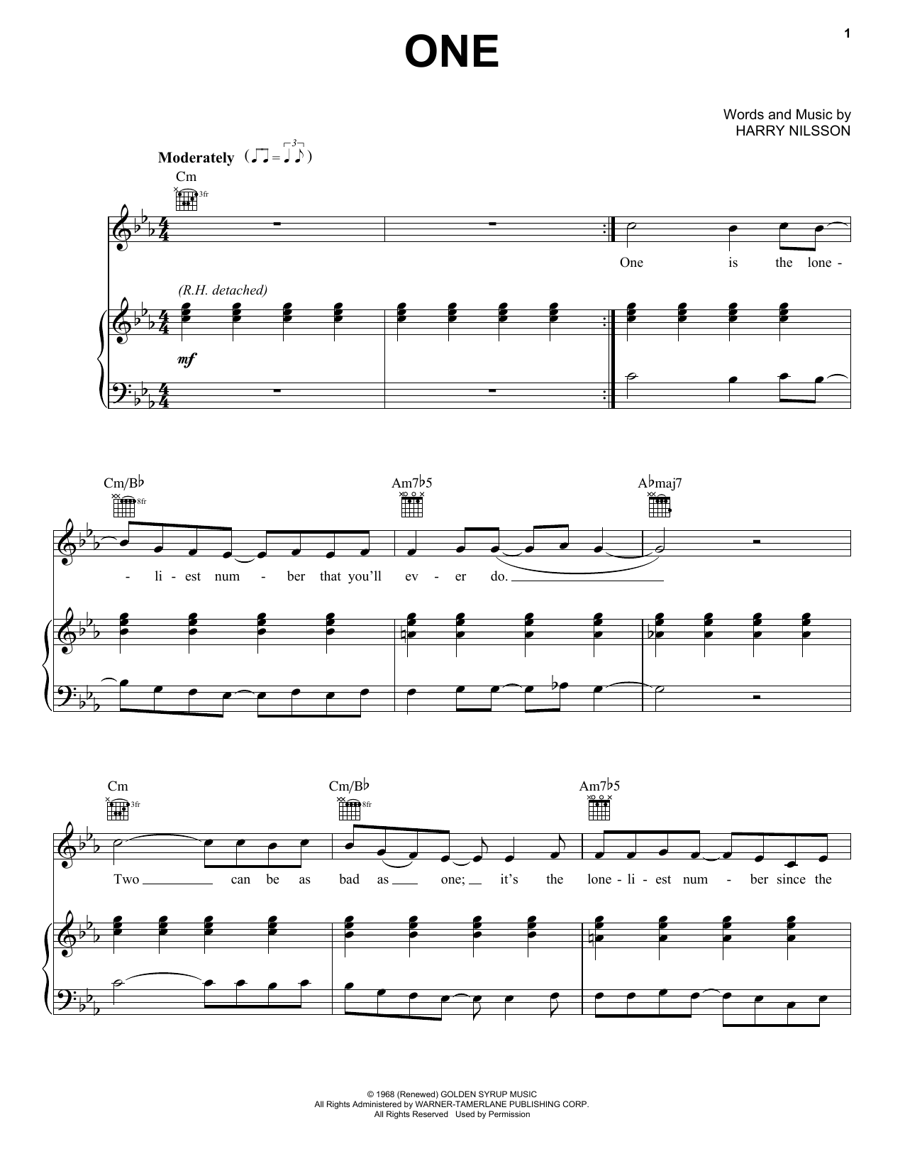 Learn to play Harry Nilsson One sheet music for Piano, Vocal & Guitar (Right-Hand Melody) in minutes. Harry Nilsson One sheet music preview music notes and score for Piano, Vocal & Guitar (Right-Hand Melody) including 6 page(s)