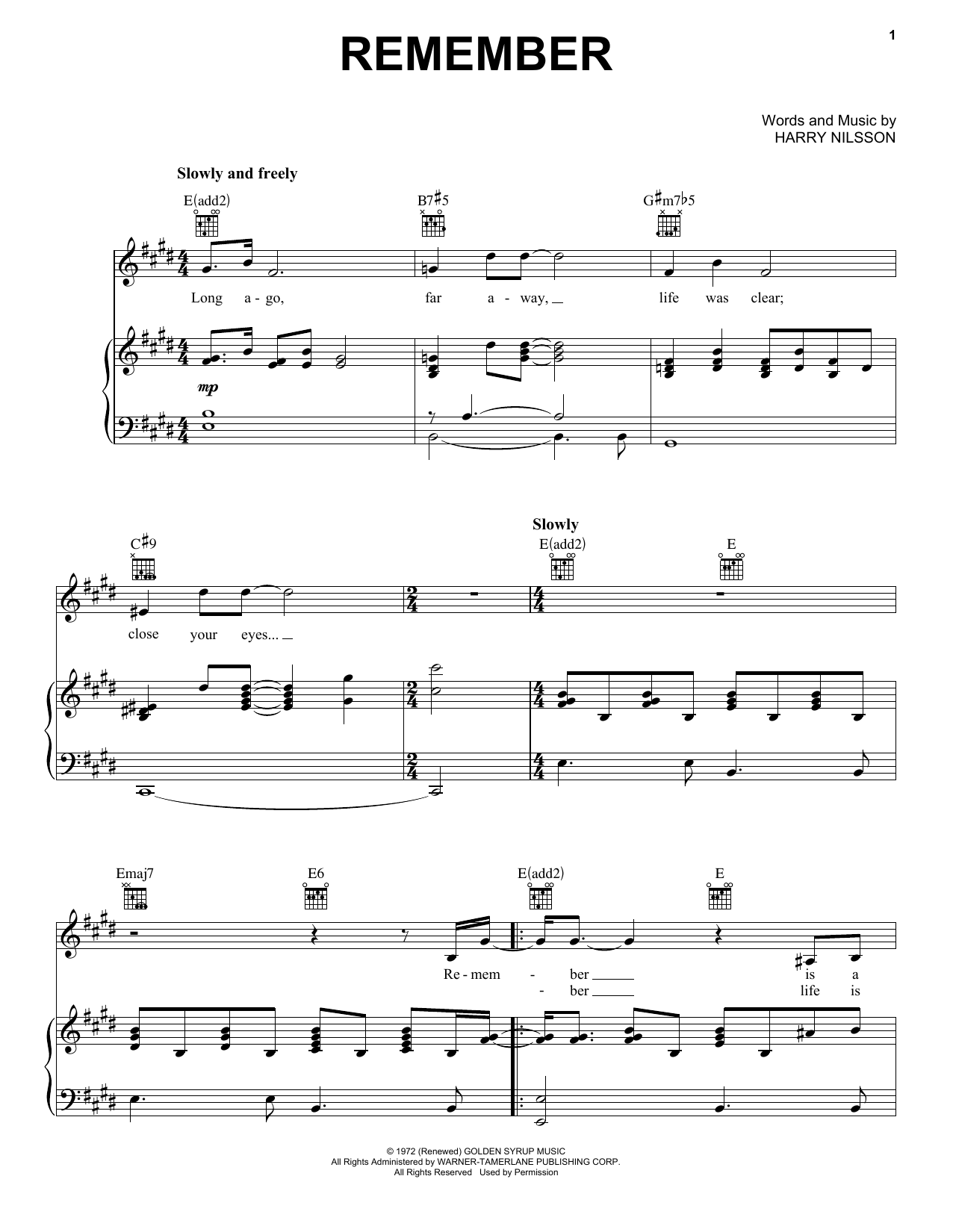 Learn to play Harry Nilsson Remember sheet music for Piano, Vocal & Guitar (Right-Hand Melody) in minutes. Harry Nilsson Remember sheet music preview music notes and score for Piano, Vocal & Guitar (Right-Hand Melody) including 7 page(s)