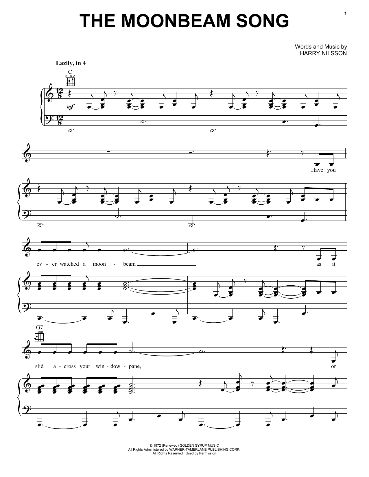 Learn to play Harry Nilsson The Moonbeam Song sheet music for Piano, Vocal & Guitar (Right-Hand Melody) in minutes. Harry Nilsson The Moonbeam Song sheet music preview music notes and score for Piano, Vocal & Guitar (Right-Hand Melody) including 7 page(s)