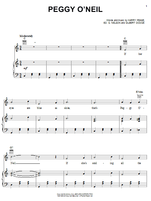 Learn to play Harry Pease Peggy O'Neil sheet music for Piano, Vocal & Guitar (Right-Hand Melody) in minutes. Harry Pease Peggy O'Neil sheet music preview music notes and score for Piano, Vocal & Guitar (Right-Hand Melody) including 2 page(s)