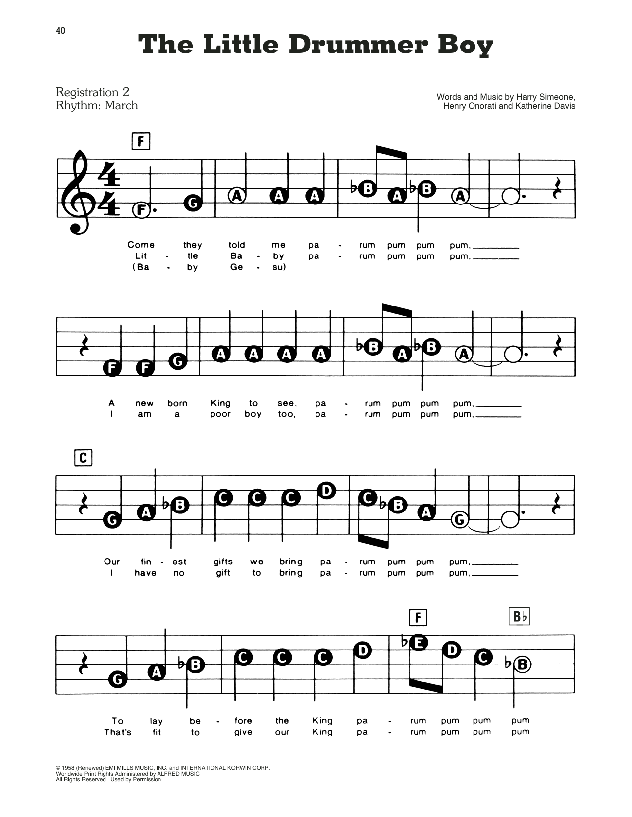Learn to play Harry Simeone The Little Drummer Boy sheet music for E-Z Play Today in minutes. Harry Simeone The Little Drummer Boy sheet music preview music notes and score for E-Z Play Today including 3 page(s)