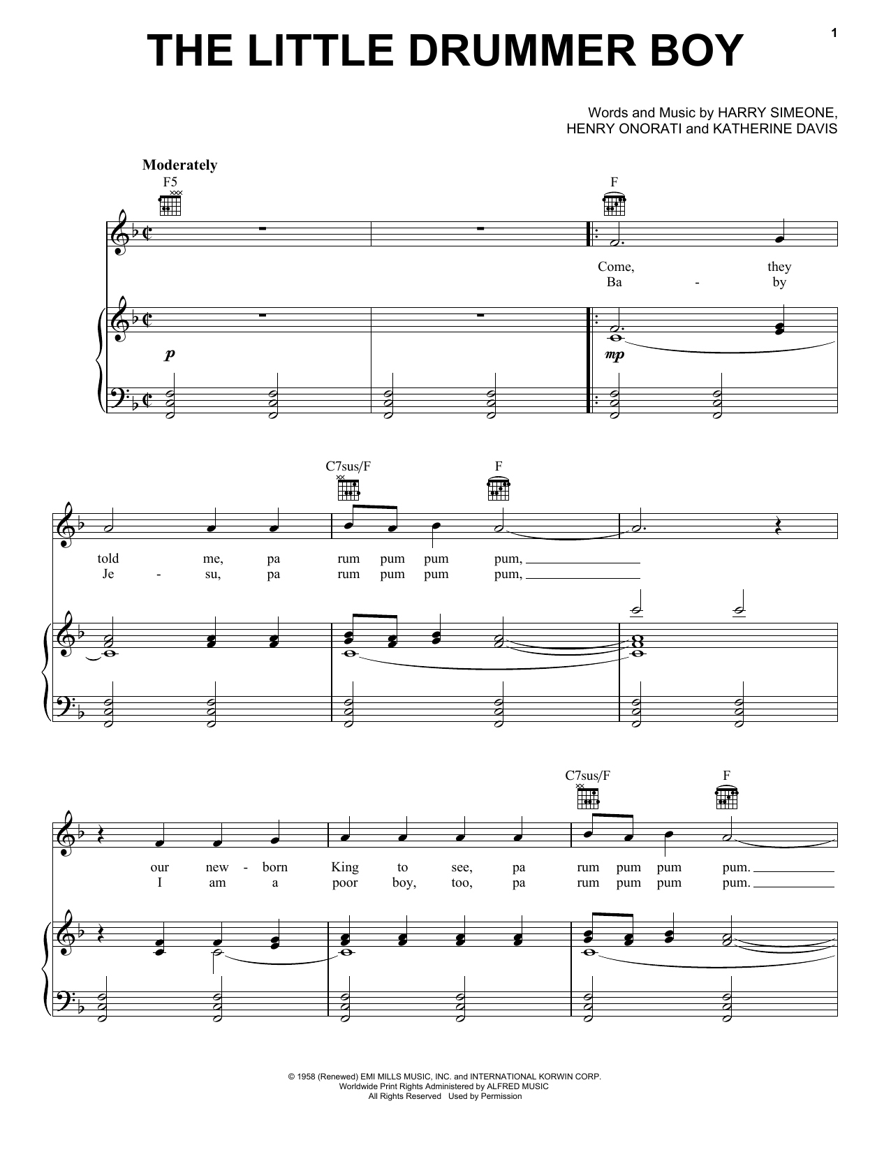 Learn to play Harry Simeone The Little Drummer Boy sheet music for Piano, Vocal & Guitar (Right-Hand Melody) in minutes. Harry Simeone The Little Drummer Boy sheet music preview music notes and score for Piano, Vocal & Guitar (Right-Hand Melody) including 5 page(s)