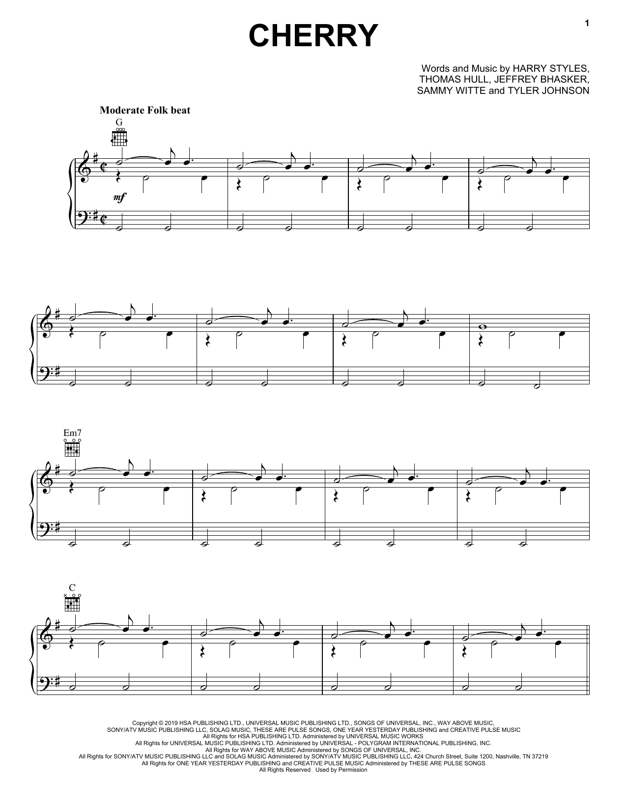 Learn to play Harry Styles Cherry sheet music for Piano, Vocal & Guitar (Right-Hand Melody) in minutes. Harry Styles Cherry sheet music notes and chords