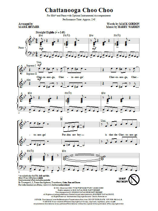Learn to play Mark Brymer Chattanooga Choo Choo sheet music for SATB in minutes. Mark Brymer Chattanooga Choo Choo sheet music preview music notes and score for SATB including 13 page(s)