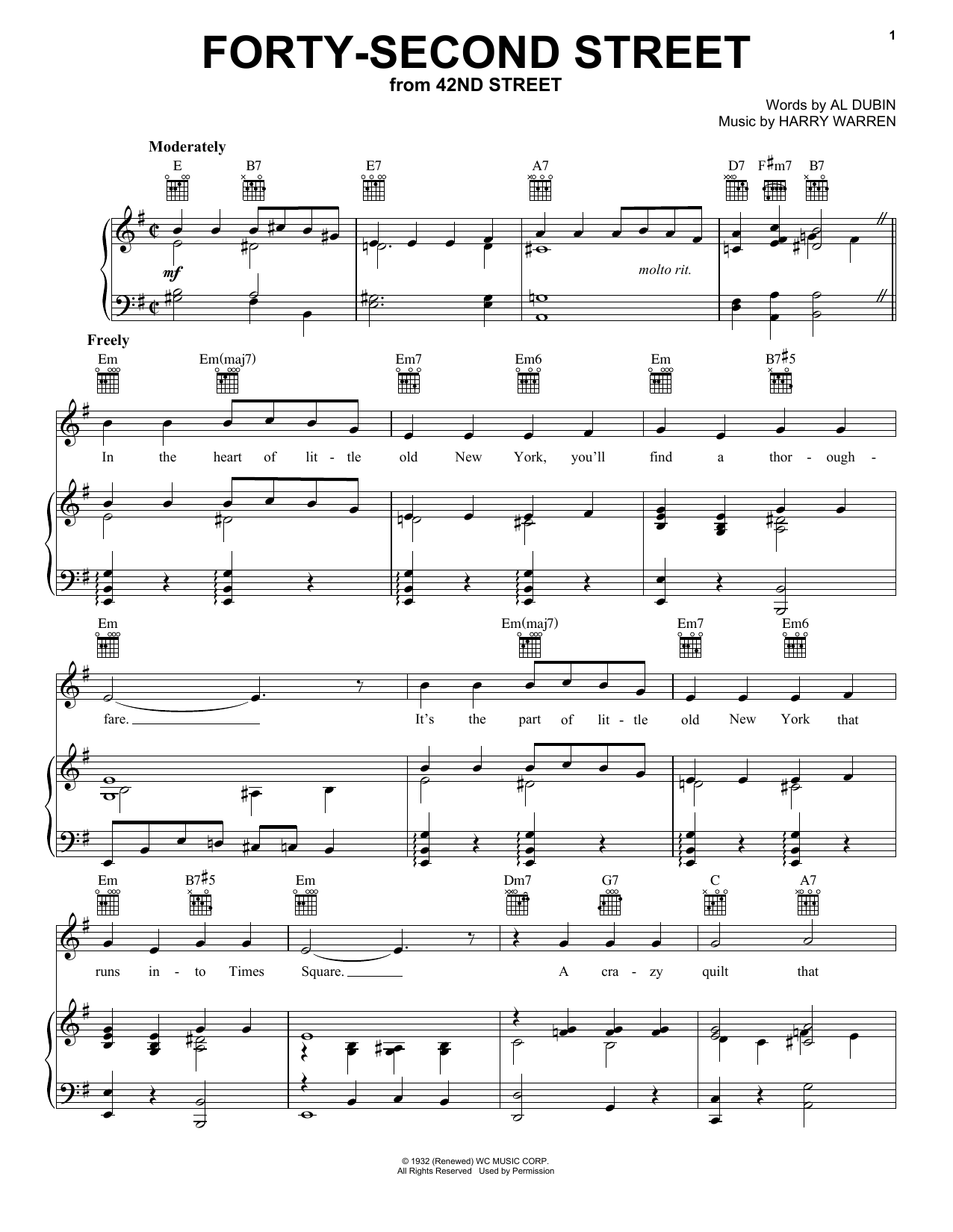 Learn to play Harry Warren Forty Second Street sheet music for Piano, Vocal & Guitar (Right-Hand Melody) in minutes. Harry Warren Forty Second Street sheet music preview music notes and score for Piano, Vocal & Guitar (Right-Hand Melody) including 4 page(s)