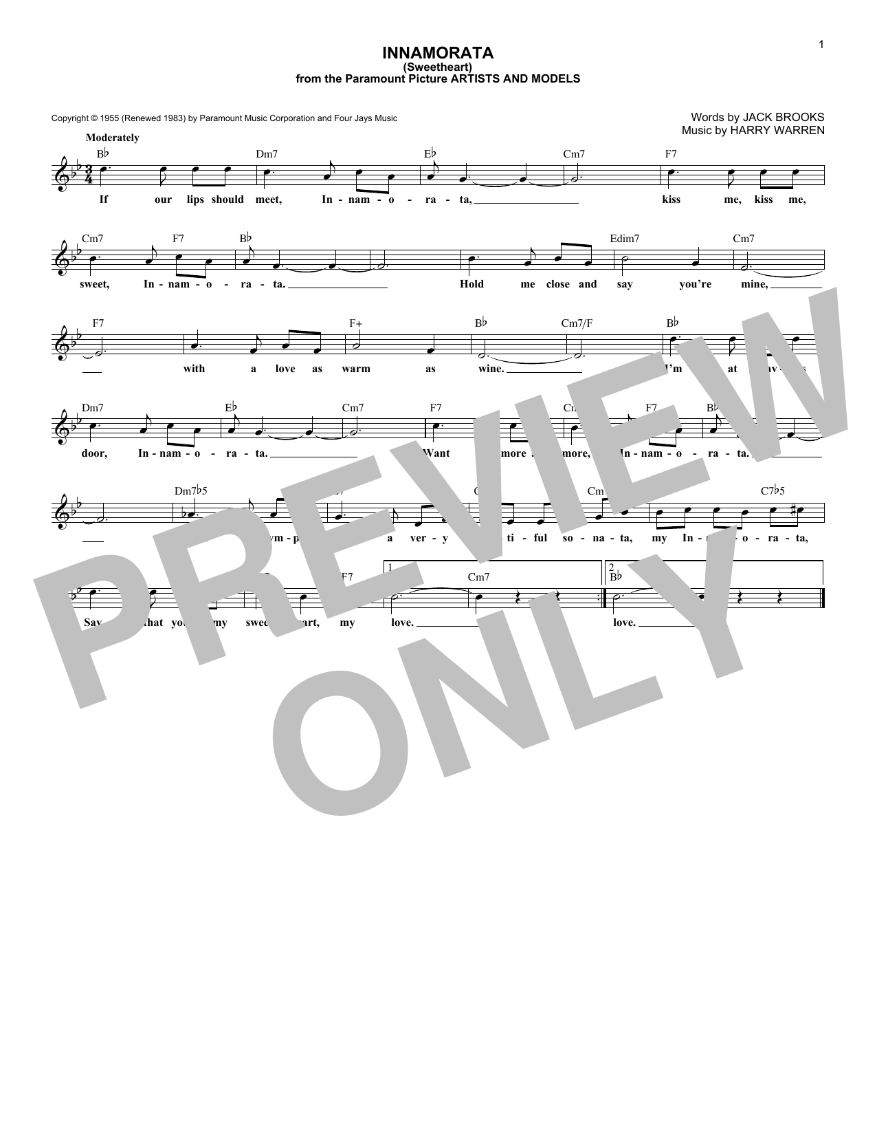 Learn to play Harry Warren Innamorata (Sweetheart) sheet music for Piano, Vocal & Guitar (Right-Hand Melody) in minutes. Harry Warren Innamorata (Sweetheart) sheet music notes and chords