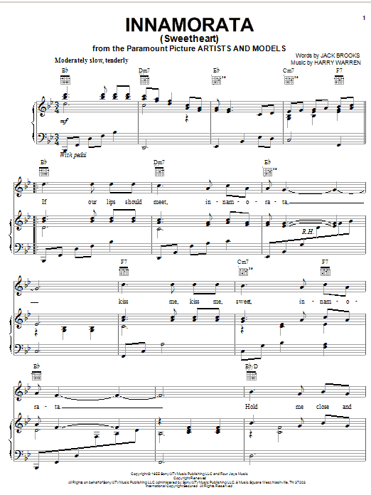 Harry Warren Innamorata (Sweetheart) sheet music preview music notes and score for Piano, Vocal & Guitar (Right-Hand Melody) including 3 page(s)