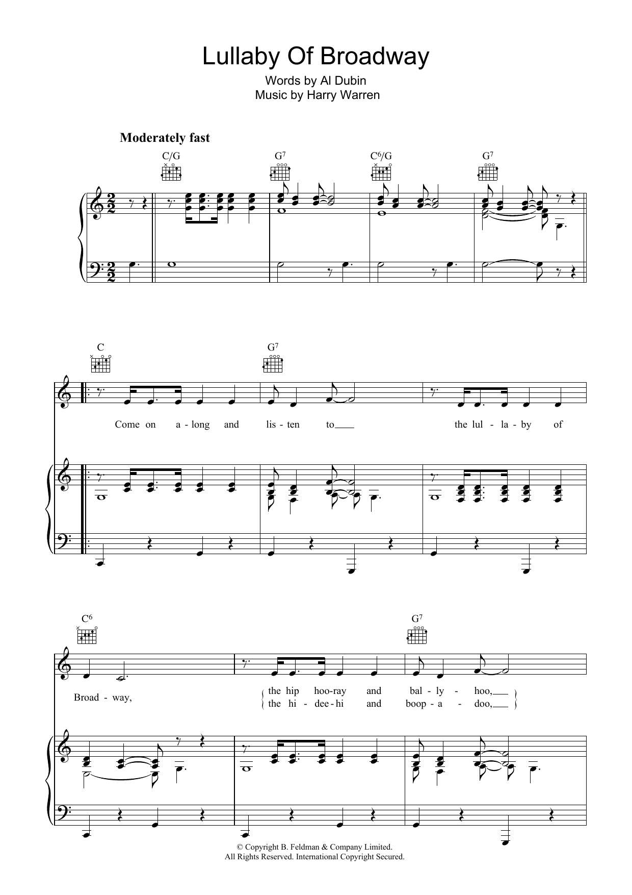 Harry Warren Lullaby Of Broadway sheet music preview music notes and score for Piano, Vocal & Guitar (Right-Hand Melody) including 5 page(s)