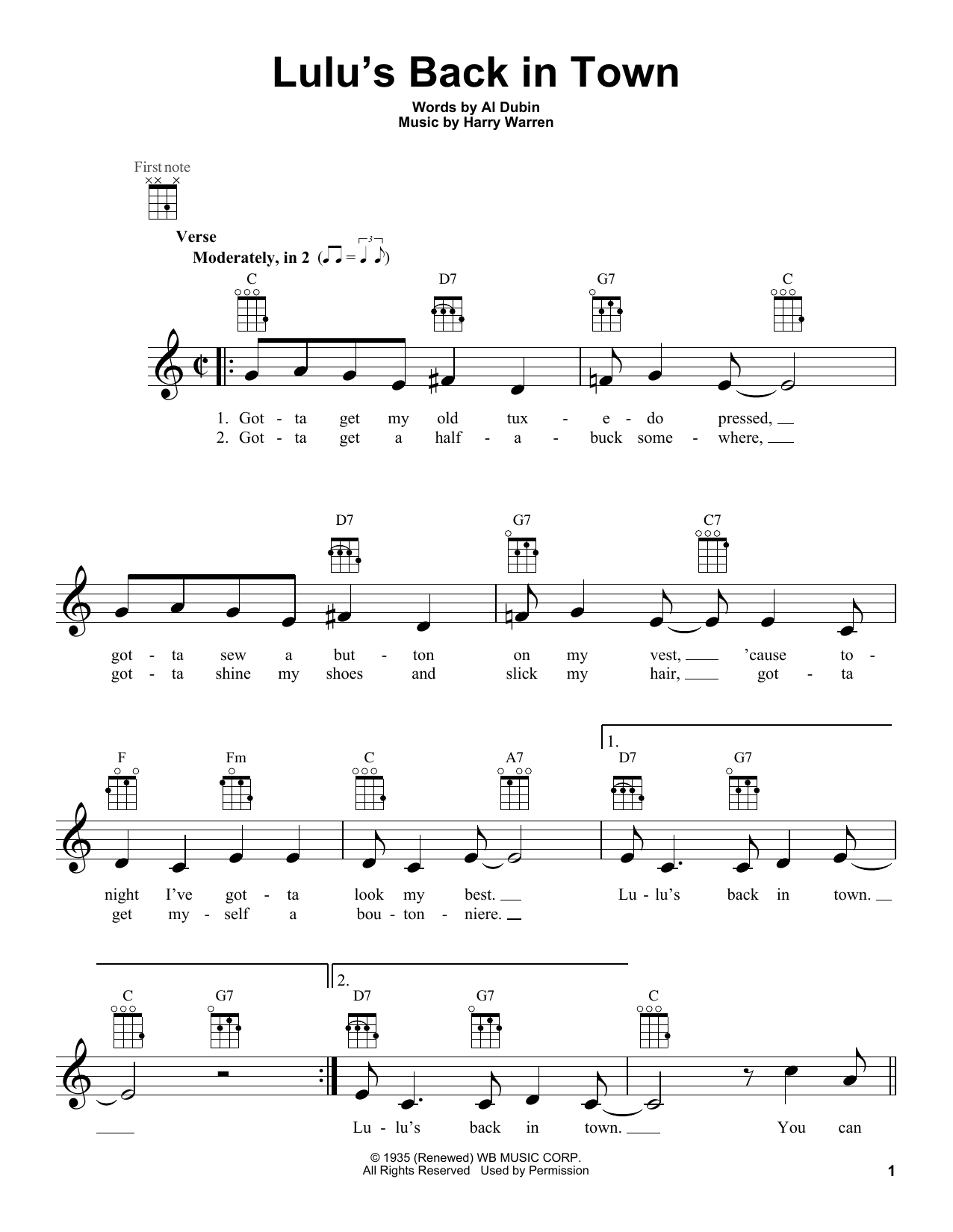 Learn to play Harry Warren Lulu's Back In Town sheet music for Ukulele in minutes. Harry Warren Lulu's Back In Town sheet music preview music notes and score for Ukulele including 2 page(s)