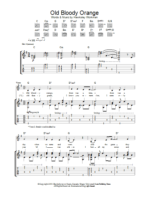 Hawksley Workman Old Bloody Orange sheet music preview music notes and score for Guitar Tab including 6 page(s)