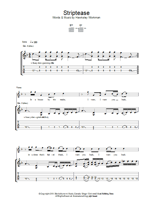 Hawksley Workman Striptease sheet music preview music notes and score for Guitar Tab including 7 page(s)