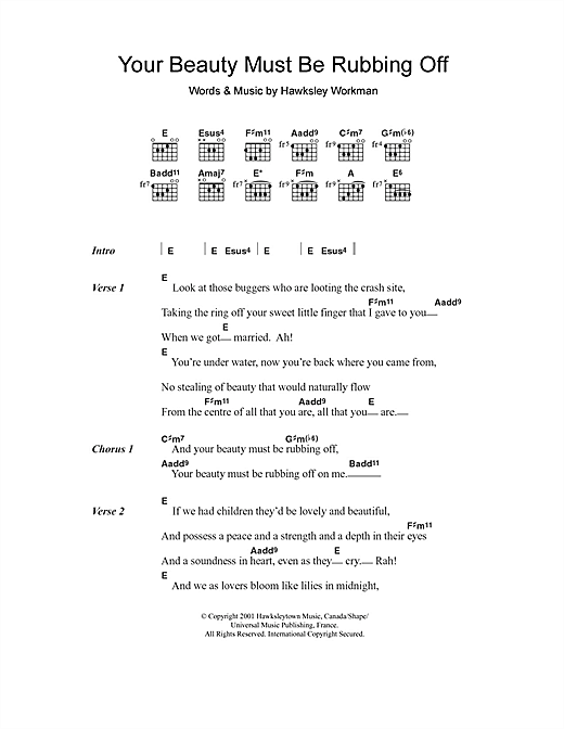 Learn to play Hawksley Workman Your Beauty Must Be Rubbing Off sheet music for Lyrics & Chords in minutes. Hawksley Workman Your Beauty Must Be Rubbing Off sheet music notes and chords