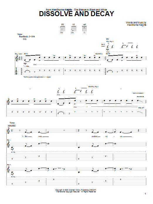 Learn to play Hawthorne Heights Dissolve And Decay sheet music for Guitar Tab in minutes. Hawthorne Heights Dissolve And Decay sheet music preview music notes and score for Guitar Tab including 9 page(s)