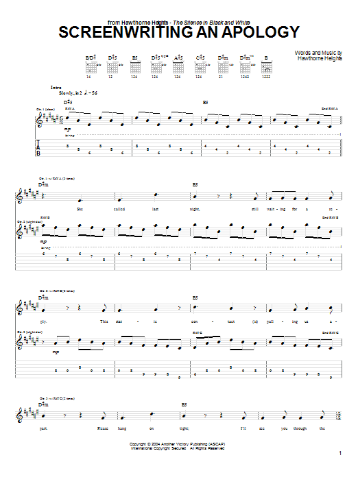 Hawthorne Heights Screenwriting An Apology sheet music preview music notes and score for Guitar Tab including 7 page(s)