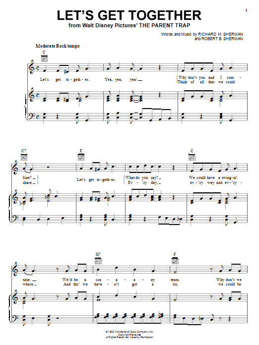 Learn to play Hayley Mills Let's Get Together sheet music for Piano, Vocal & Guitar (Right-Hand Melody) in minutes. Hayley Mills Let's Get Together sheet music preview music notes and score for Piano, Vocal & Guitar (Right-Hand Melody) including 3 page(s)