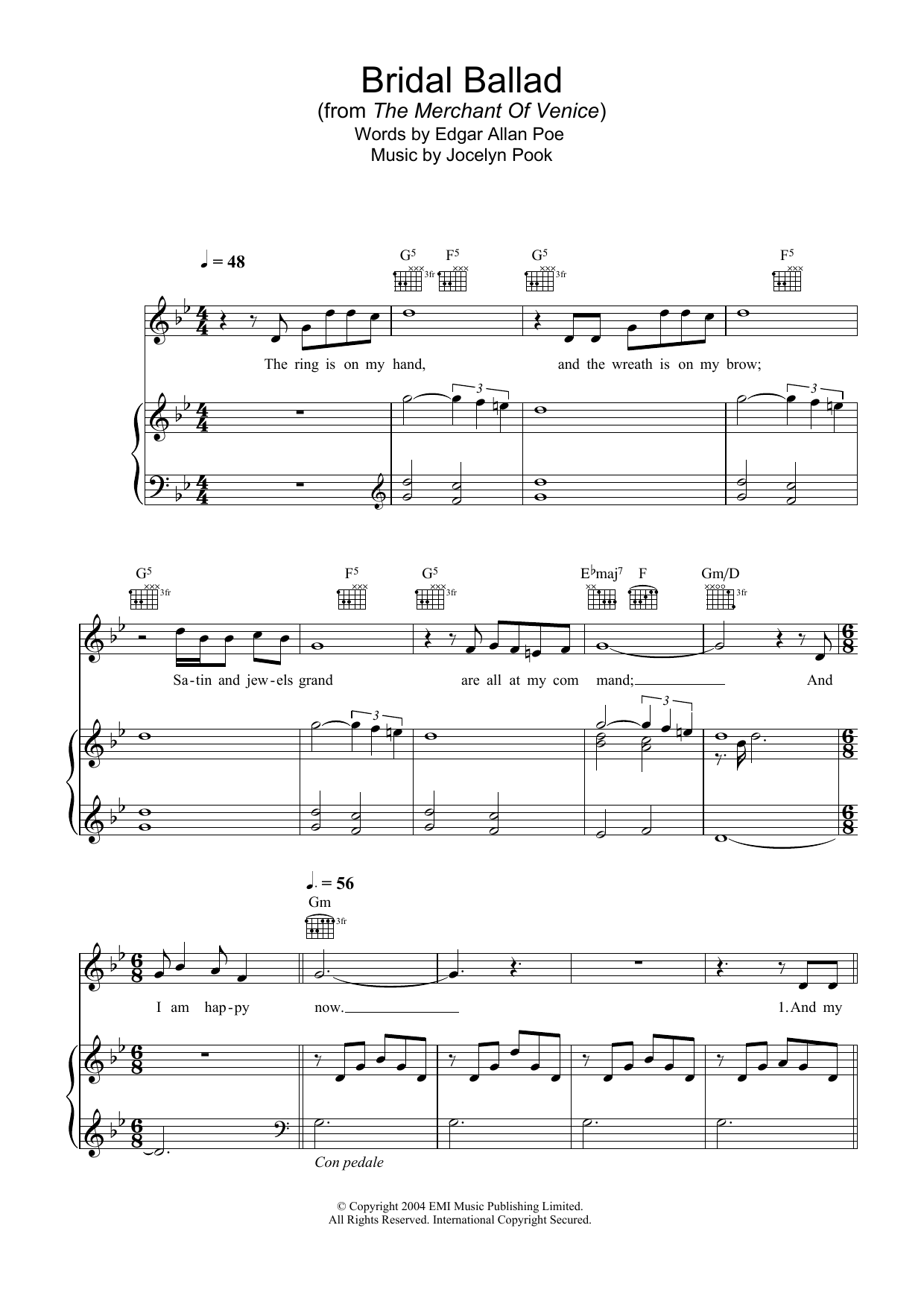 Learn to play Hayley Westenra Bridal Ballad (from The Merchant Of Venice) sheet music for Piano, Vocal & Guitar in minutes. Hayley Westenra Bridal Ballad (from The Merchant Of Venice) sheet music preview music notes and score for Piano, Vocal & Guitar including 4 page(s)