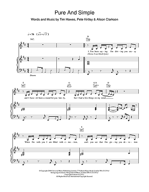 Learn to play Hear'Say Pure And Simple sheet music for Piano, Vocal & Guitar in minutes. Hear'Say Pure And Simple sheet music notes and chords