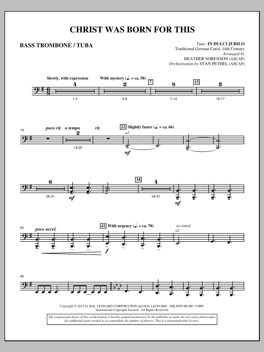 Heather Sorenson Christ Was Born For This - Bass Trombone/Tuba sheet music, chords, lyrics - Printable PDF for Choir Instrumental Pak