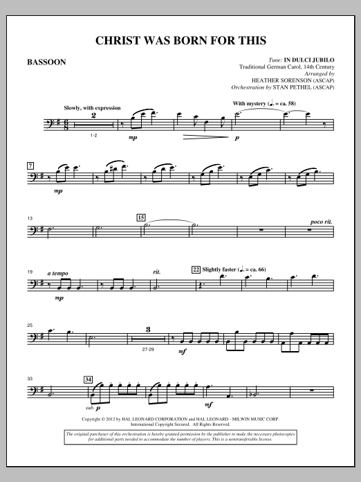 Heather Sorenson Christ Was Born For This - Bassoon sheet music, chords, lyrics - Printable PDF for Choir Instrumental Pak