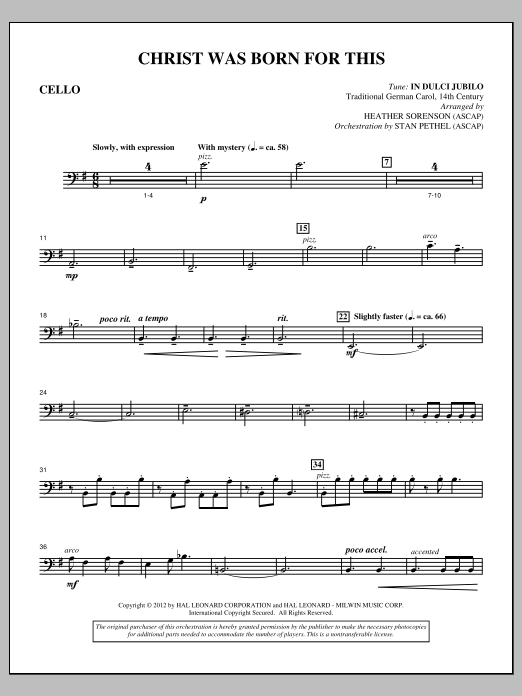 Heather Sorenson Christ Was Born For This - Cello sheet music, chords, lyrics - Printable PDF for Choir Instrumental Pak