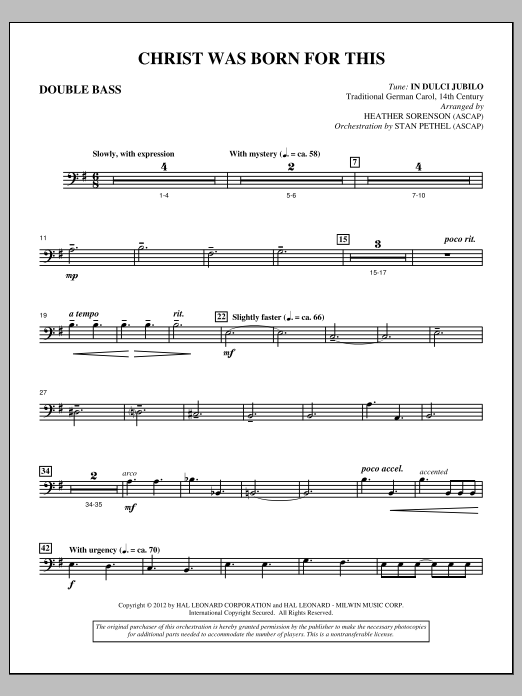 Heather Sorenson Christ Was Born For This - Double Bass sheet music, chords, lyrics - Printable PDF for Choir Instrumental Pak
