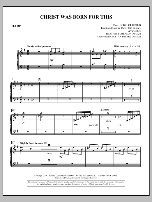 Heather Sorenson Christ Was Born For This - Harp sheet music, chords, lyrics - Printable PDF for Choir Instrumental Pak