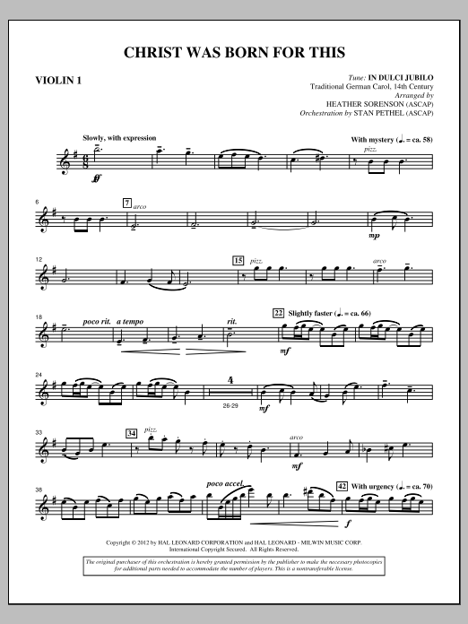 Heather Sorenson Christ Was Born For This - Violin 1 sheet music, chords, lyrics - Printable PDF for Choir Instrumental Pak