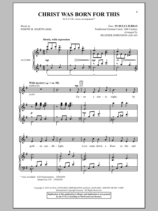 Heather Sorenson Christ Was Born For This sheet music, chords, lyrics - Printable PDF for SATB
