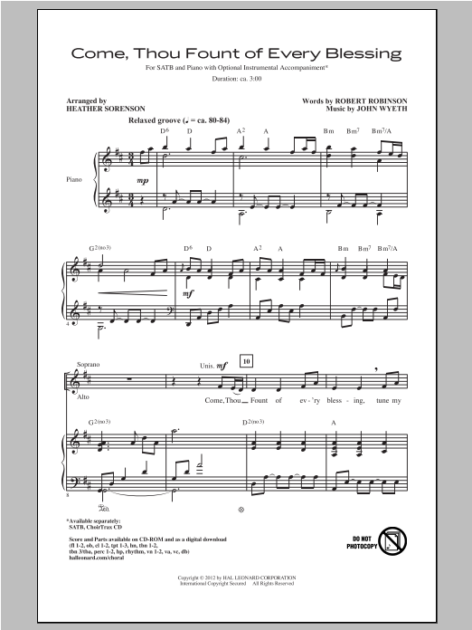 Heather Sorenson Come, Thou Fount of Every Blessing sheet music, chords, lyrics - Printable PDF for SATB Choir