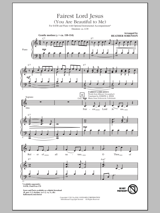 Heather Sorenson Fairest Lord Jesus sheet music, chords, lyrics - Printable PDF for SATB