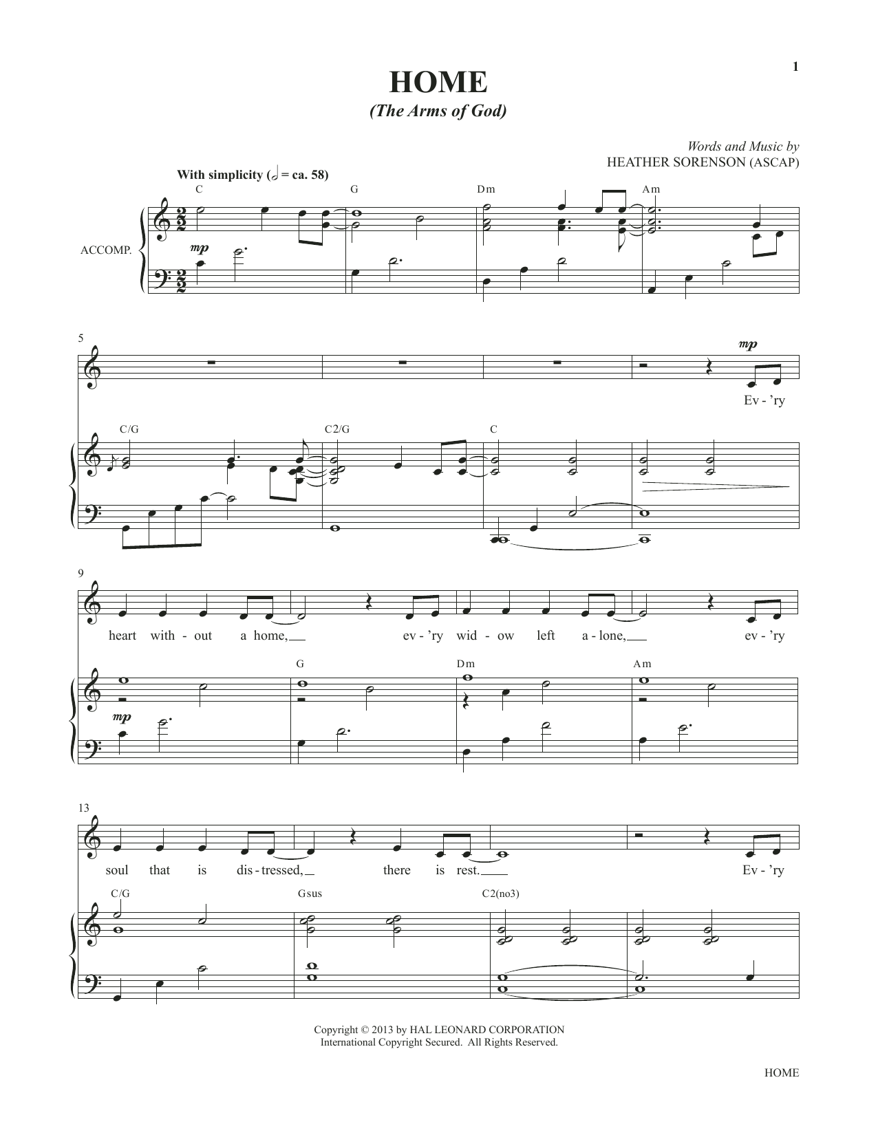 Heather Sorenson Home (The Arms Of God) (from My Alleluia: Vocal Solos for Worship) sheet music, chords, lyrics - Printable PDF for Piano & Vocal