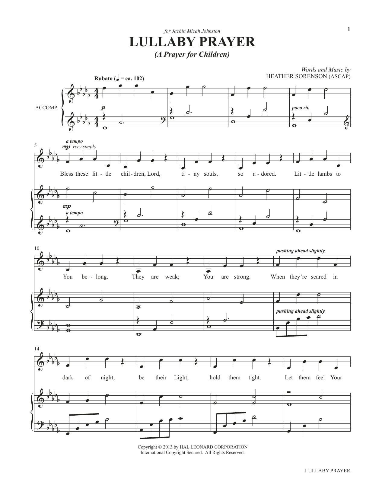 Heather Sorenson Lullaby Prayer (A Prayer For Children) (from My Alleluia: Vocal Solos for Worship) sheet music, chords, lyrics - Printable PDF for Piano & Vocal