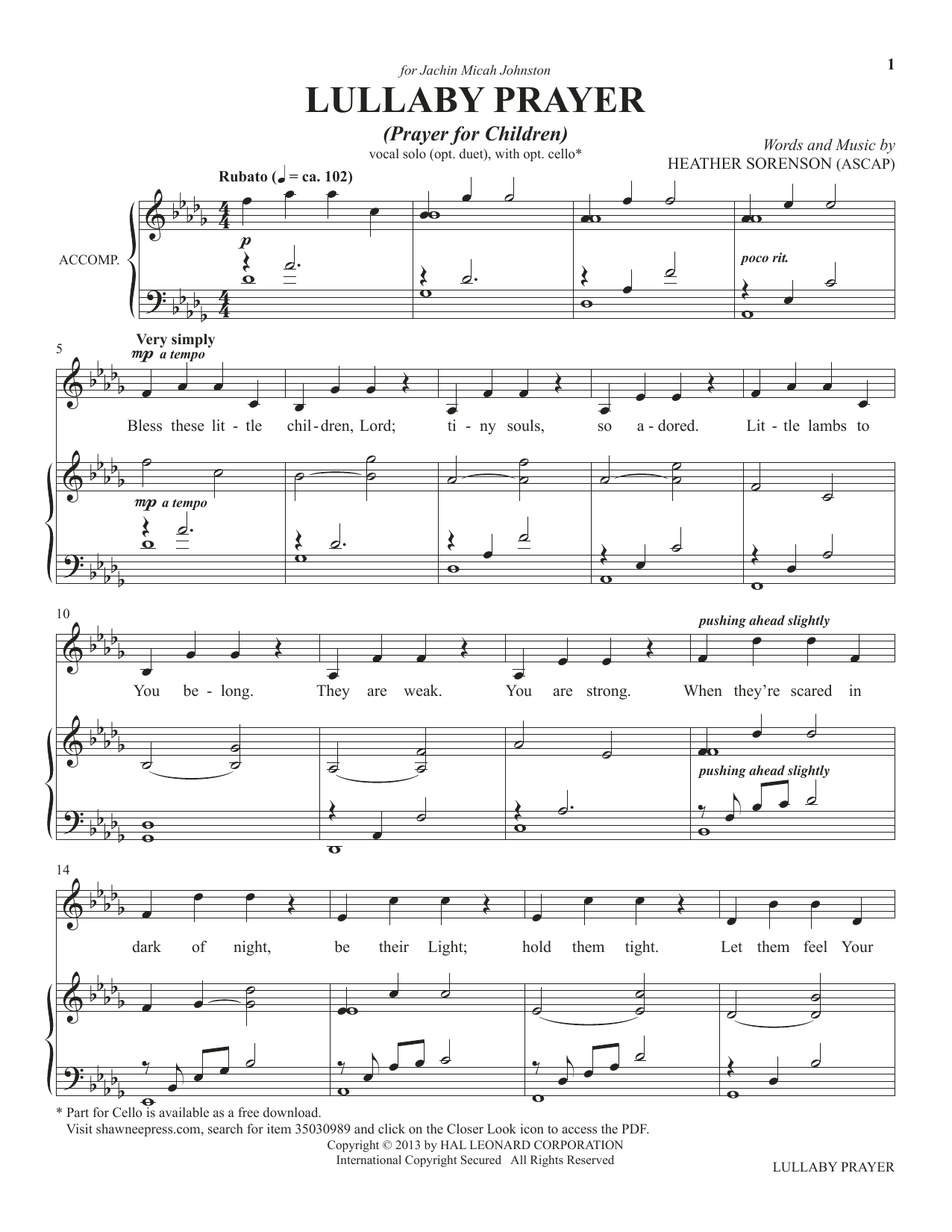 Heather Sorenson Lullaby Prayer (A Prayer For Children) (from The Prayer Project) sheet music, chords, lyrics - Printable PDF for Piano & Vocal