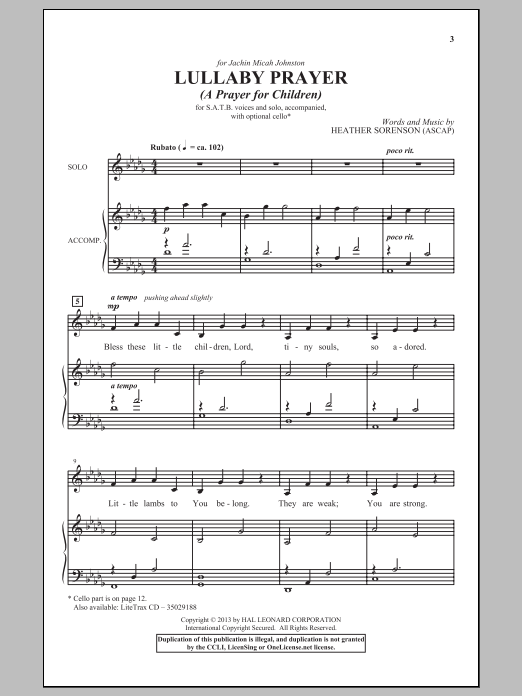 Heather Sorenson Lullaby Prayer (A Prayer For Children) sheet music, chords, lyrics - Printable PDF for Choral